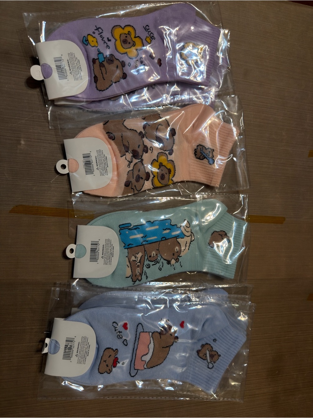 Kids Cartoon Bear Ankle Socks - Purple, Pink, Mint, Light Blue - Pack of 4